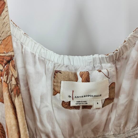 Anthropologie Dress White Tan Floral Cutout Tiered Puff Sleeve Smocked Maxi Sz S - Picture 5 of 11